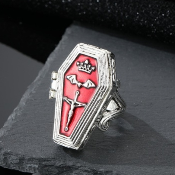 LAST ONE~Vampires Coffin Ring Coffin Opens & Closes Red & Silver Colored Size 7 - Picture 2 of 5
